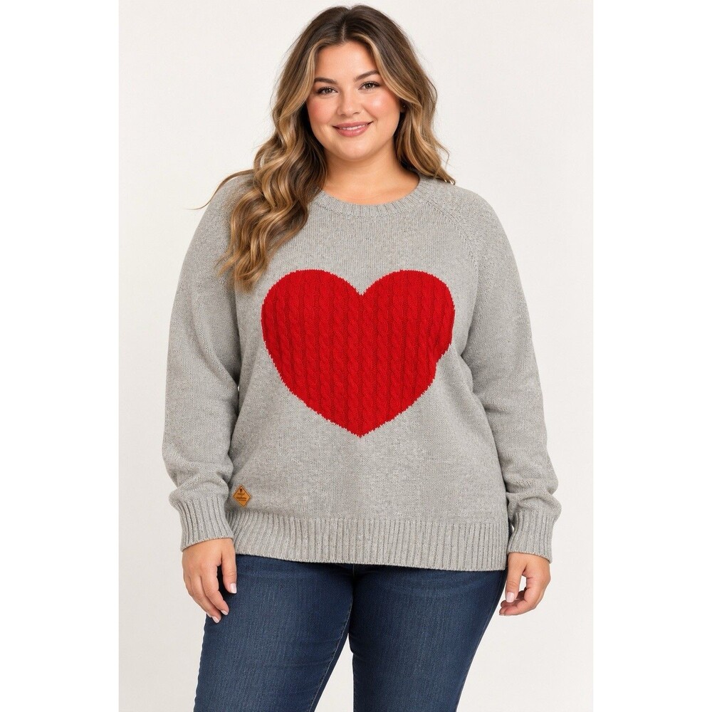 Simply Southern Sweater Womens XXL Gray Red Heart Cable Knit Crewneck Pullover